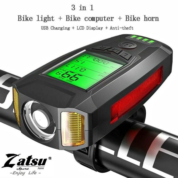 Zatsu® Bici Luz Frontal, Velocimetro, Claxon (pito), Alarma anti-robo